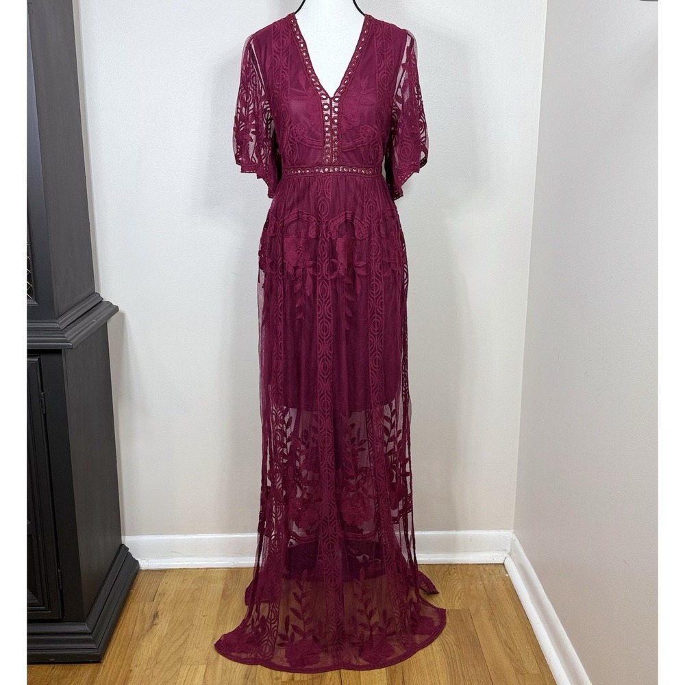 White Birch Burgundy Lace Maxi Dress M Boho Whimsigoth Witchy Sheer Boho Fairy